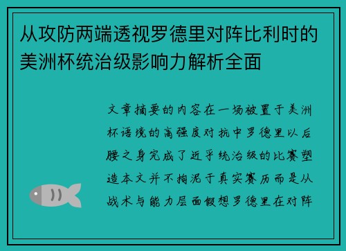 从攻防两端透视罗德里对阵比利时的美洲杯统治级影响力解析全面